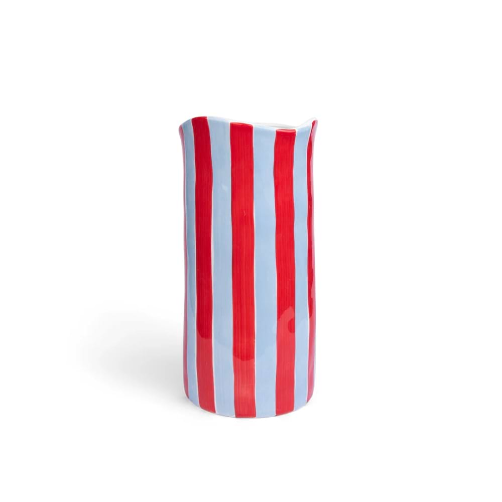 NOSS & CO Large Ceramic Vase | Cornflower Blue & Red Stripe